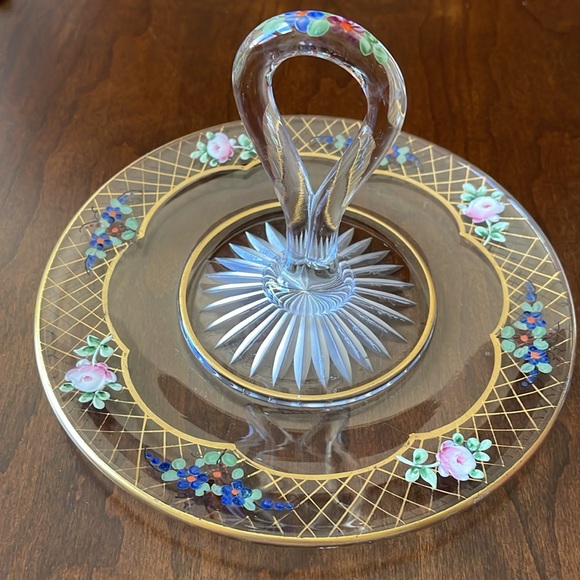 VTG hand painted glass Tidbit tray serving dish trinket 6.25” diameter - Picture 8 of 8